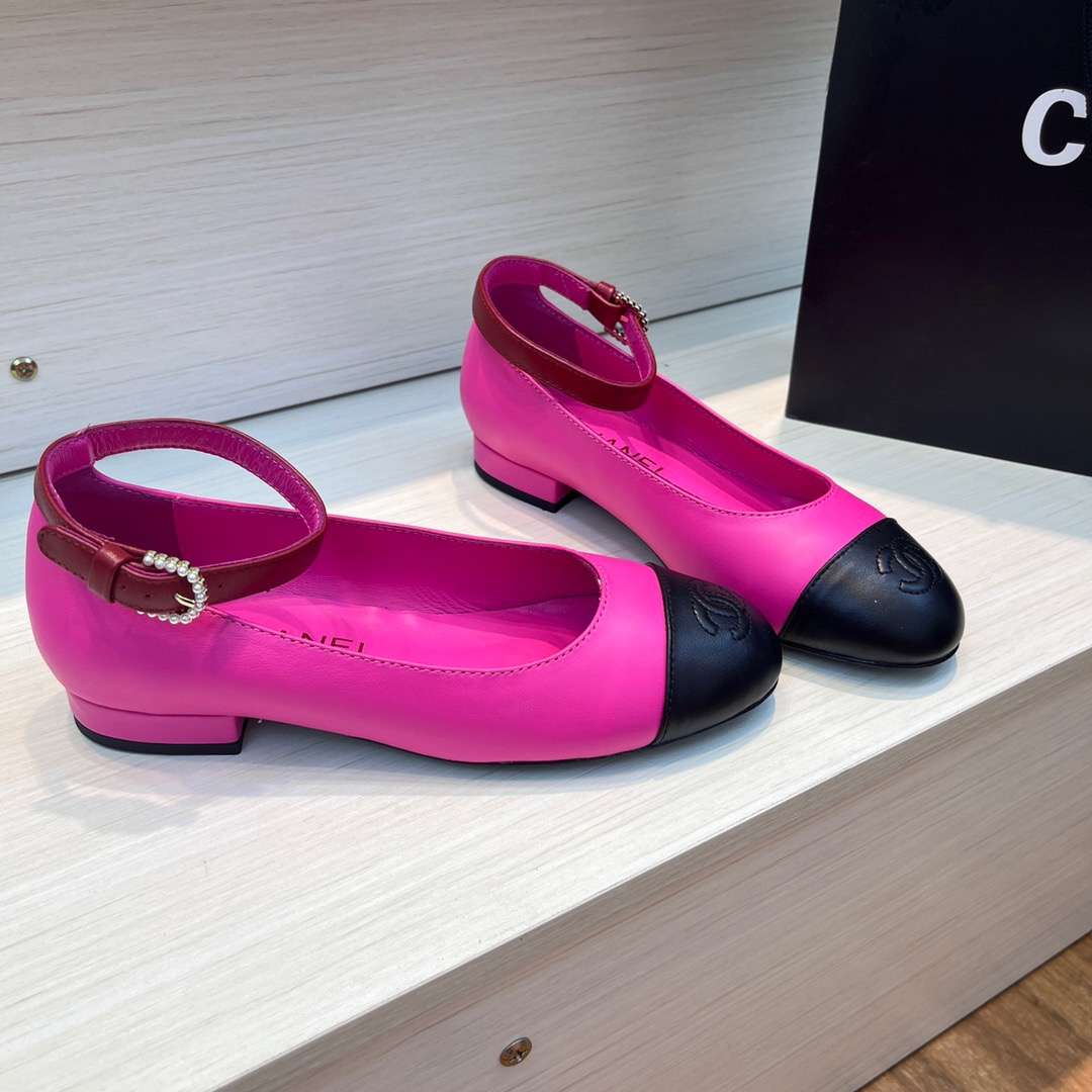 Chanel Round Toe Flats Buckle Strap Pearl Pink For Women - Image 3