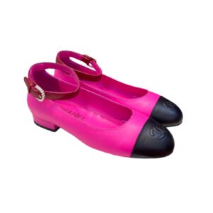 Chanel Round Toe Flats Buckle Strap Pearl Pink For Women