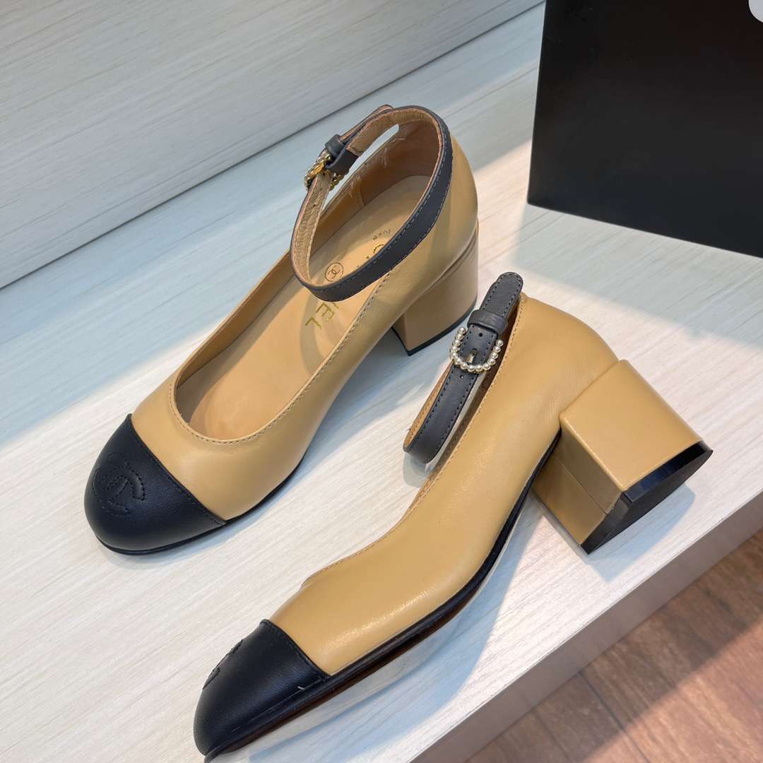 Chanel Round Buckle Strap Pearl Mary Jane Beige For Women - Image 5