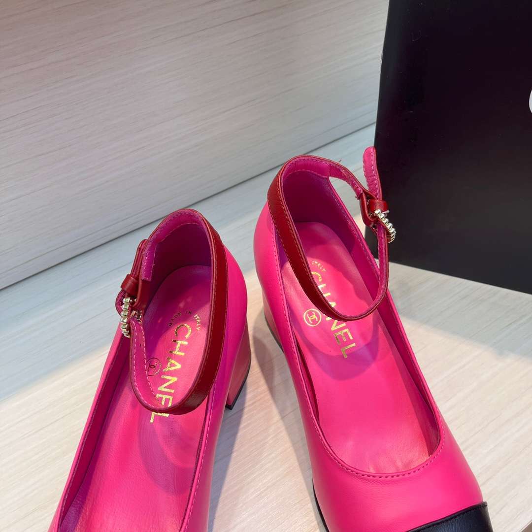 Chanel Round Toe Flats Buckle Strap Pearl Pink For Women - Image 2