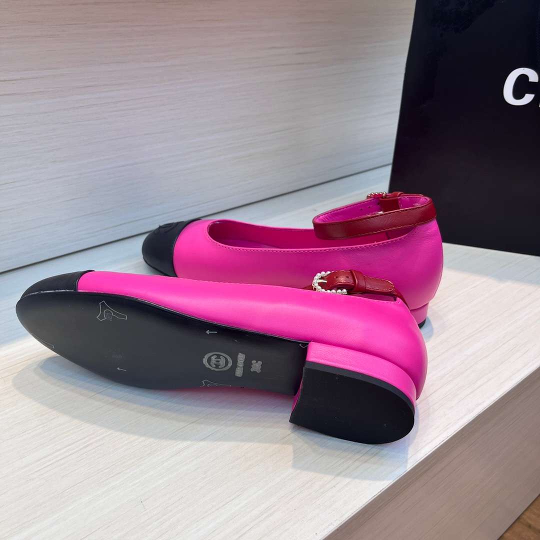 Chanel Round Toe Flats Buckle Strap Pearl Pink For Women - Image 9