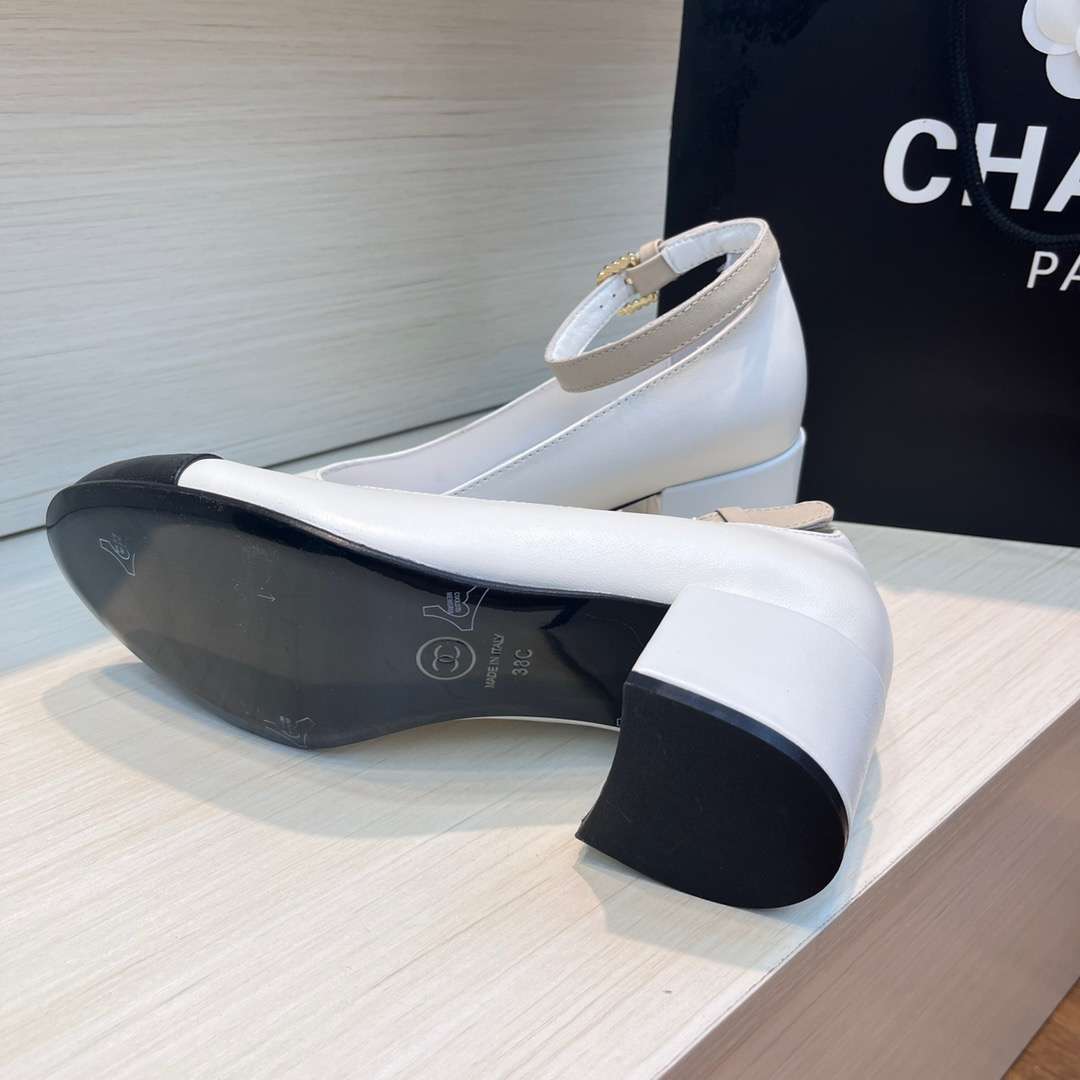 Chanel Round Buckle Strap Pearl Mary Jane White For Women - Image 9