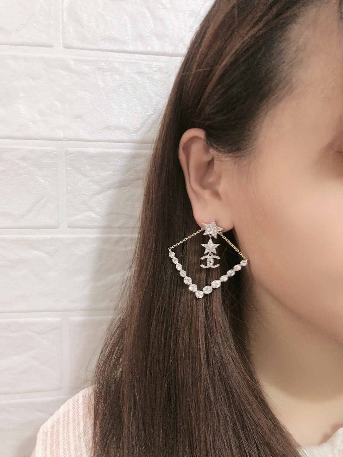 Chanel Triangle Star Crystal Earrings Silver For Women - Image 3