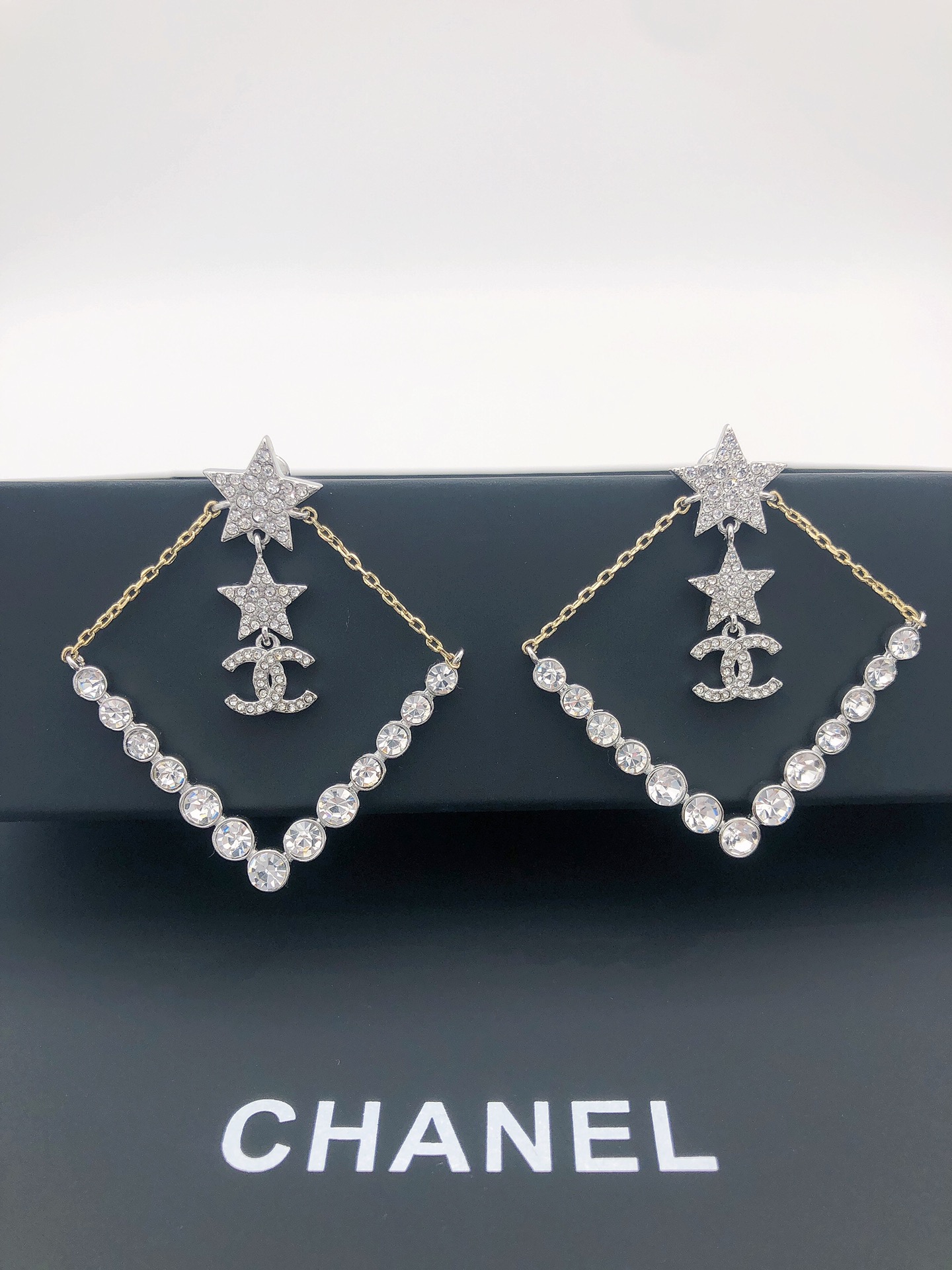 Chanel Triangle Star Crystal Earrings Silver For Women - Image 13