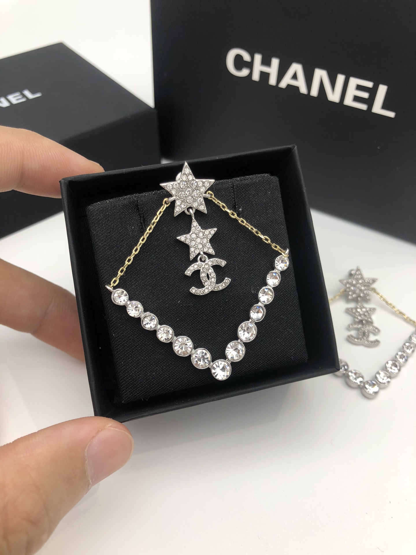 Chanel Triangle Star Crystal Earrings Silver For Women - Image 4