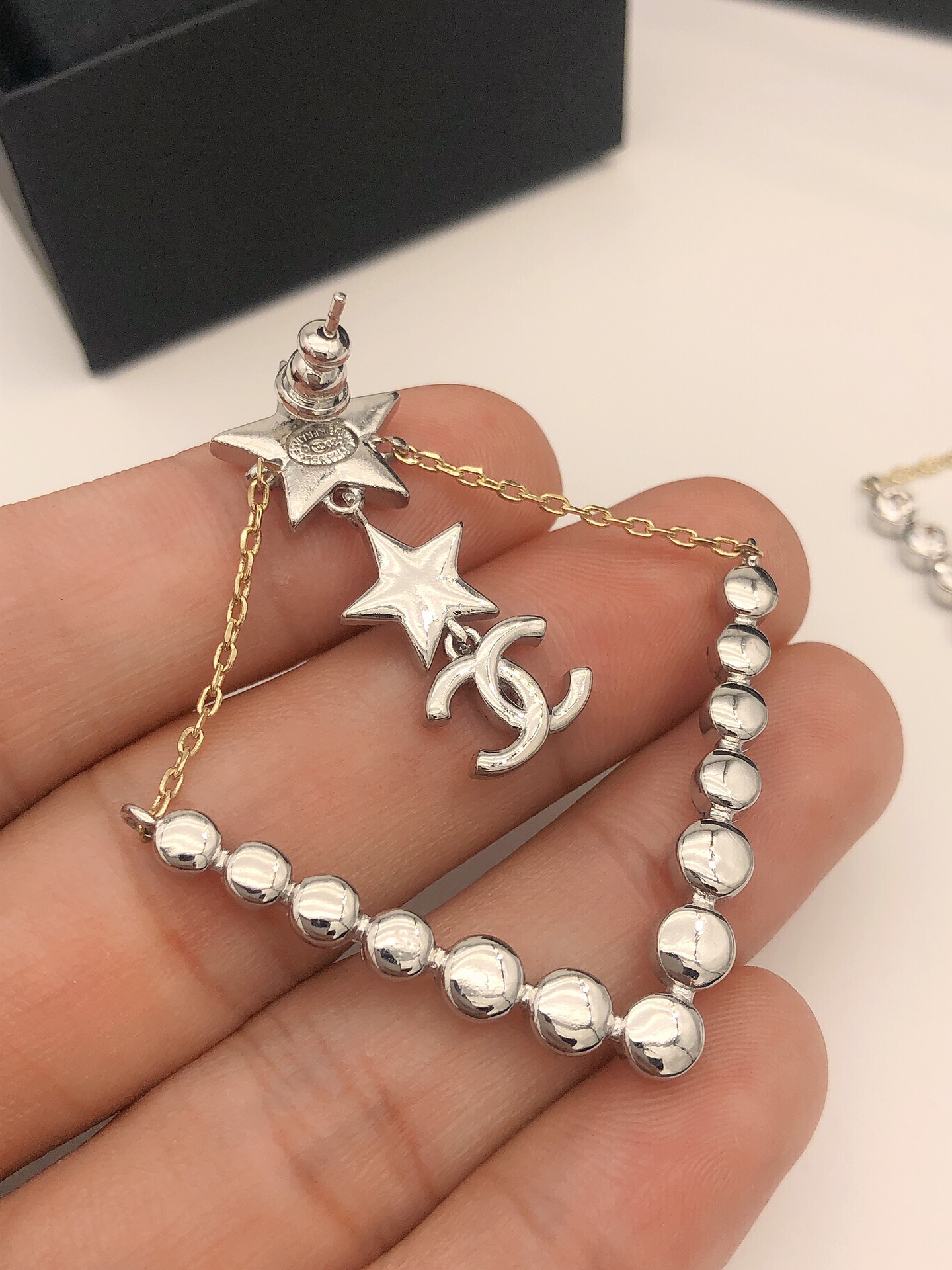 Chanel Triangle Star Crystal Earrings Silver For Women - Image 9