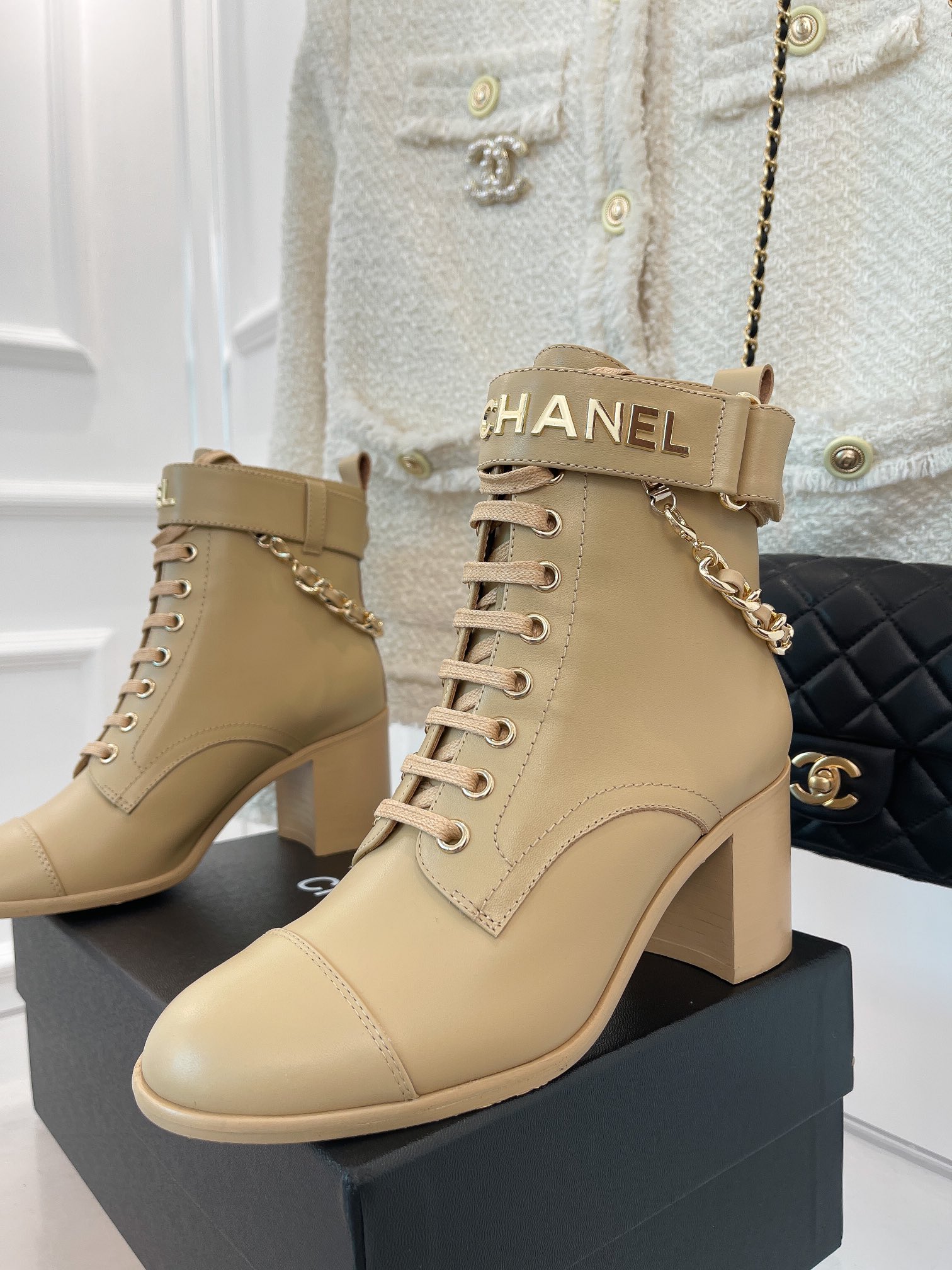 Chanel Women’s Lace-Up With Chain Beige For Women 3.7in/9.5cm - Image 9