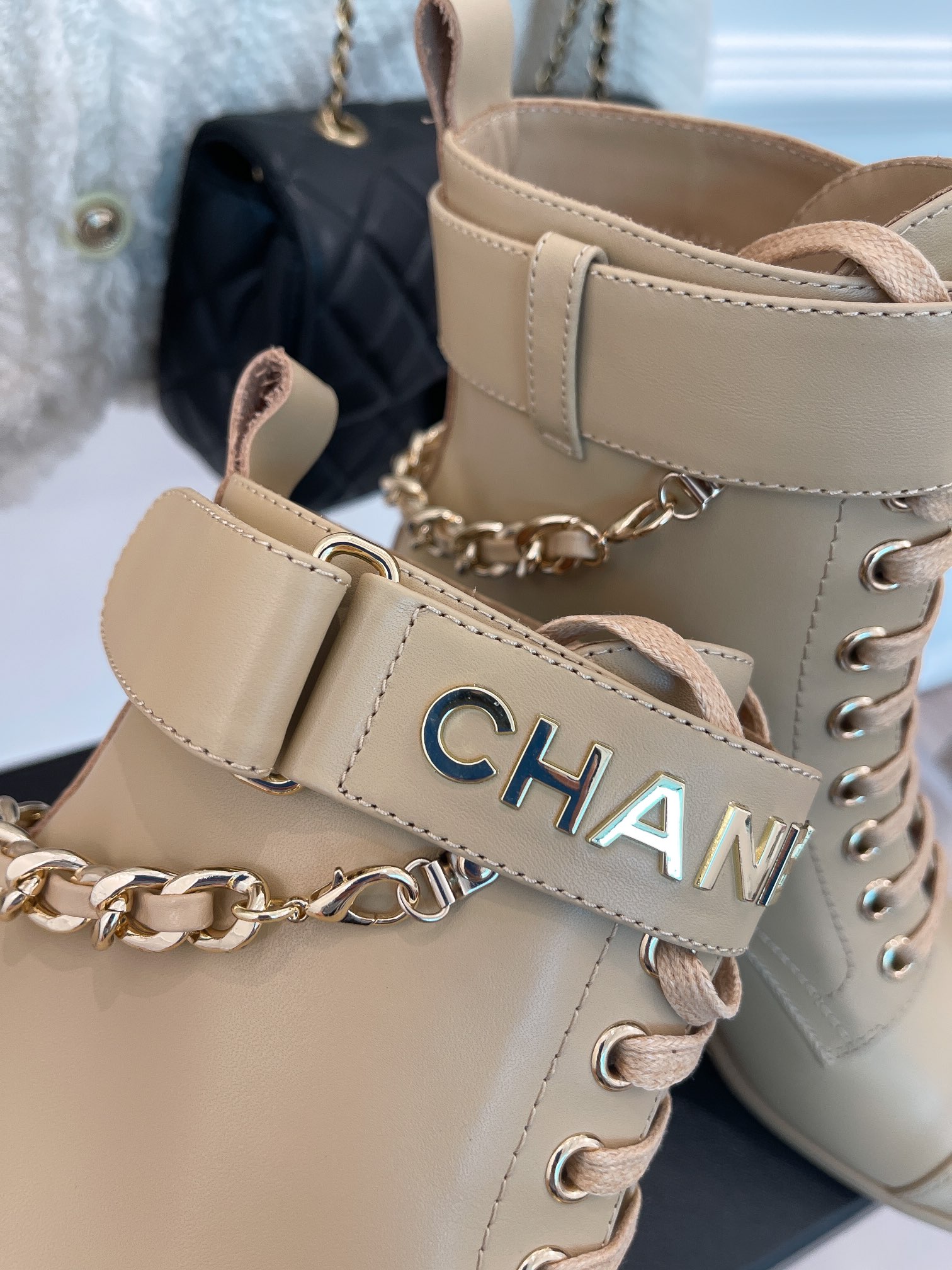 Chanel Women’s Lace-Up With Chain Beige For Women 3.7in/9.5cm - Image 7