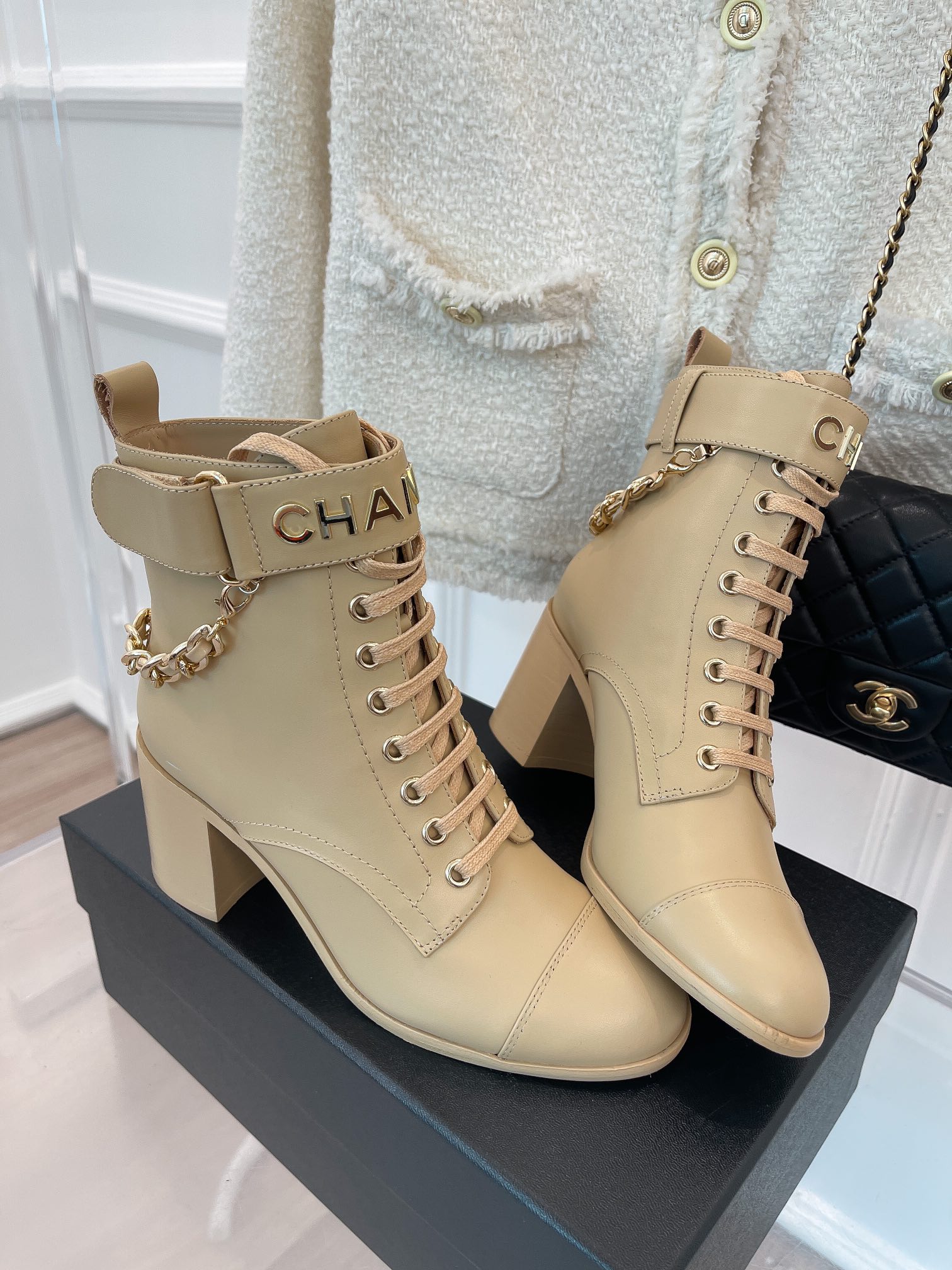 Chanel Women’s Lace-Up With Chain Beige For Women 3.7in/9.5cm - Image 6