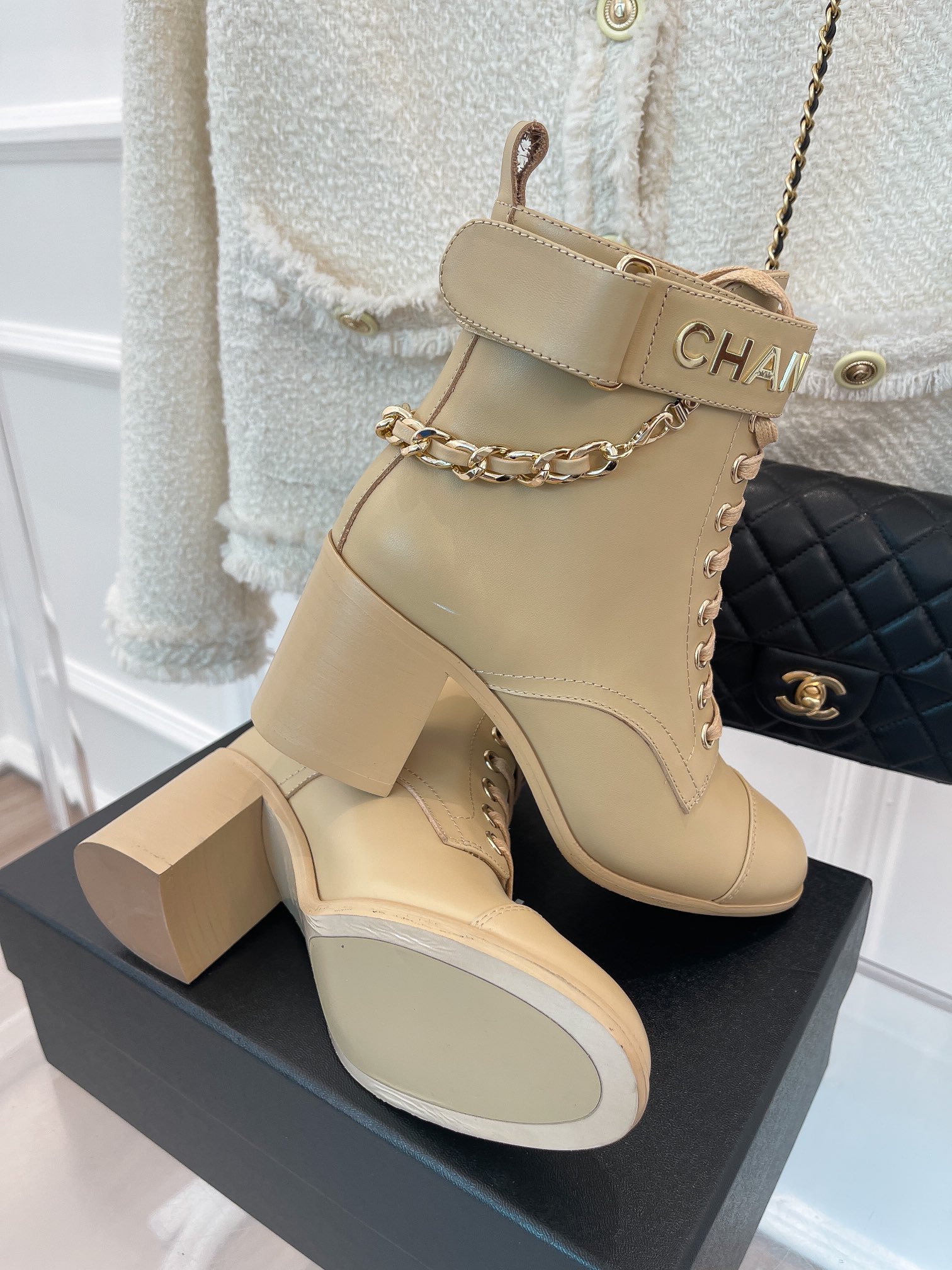 Chanel Women’s Lace-Up With Chain Beige For Women 3.7in/9.5cm - Image 4