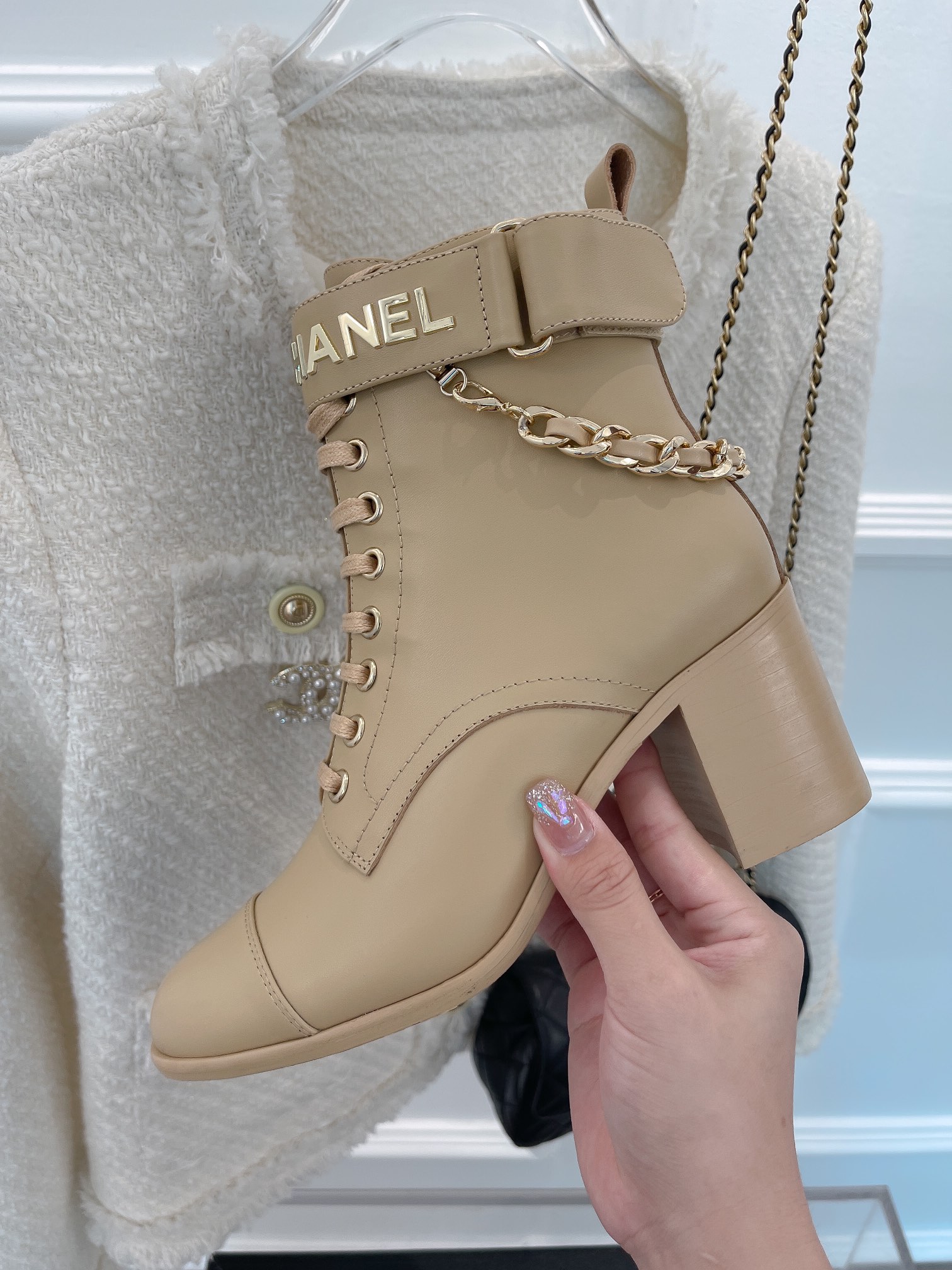 Chanel Women’s Lace-Up With Chain Beige For Women 3.7in/9.5cm - Image 2