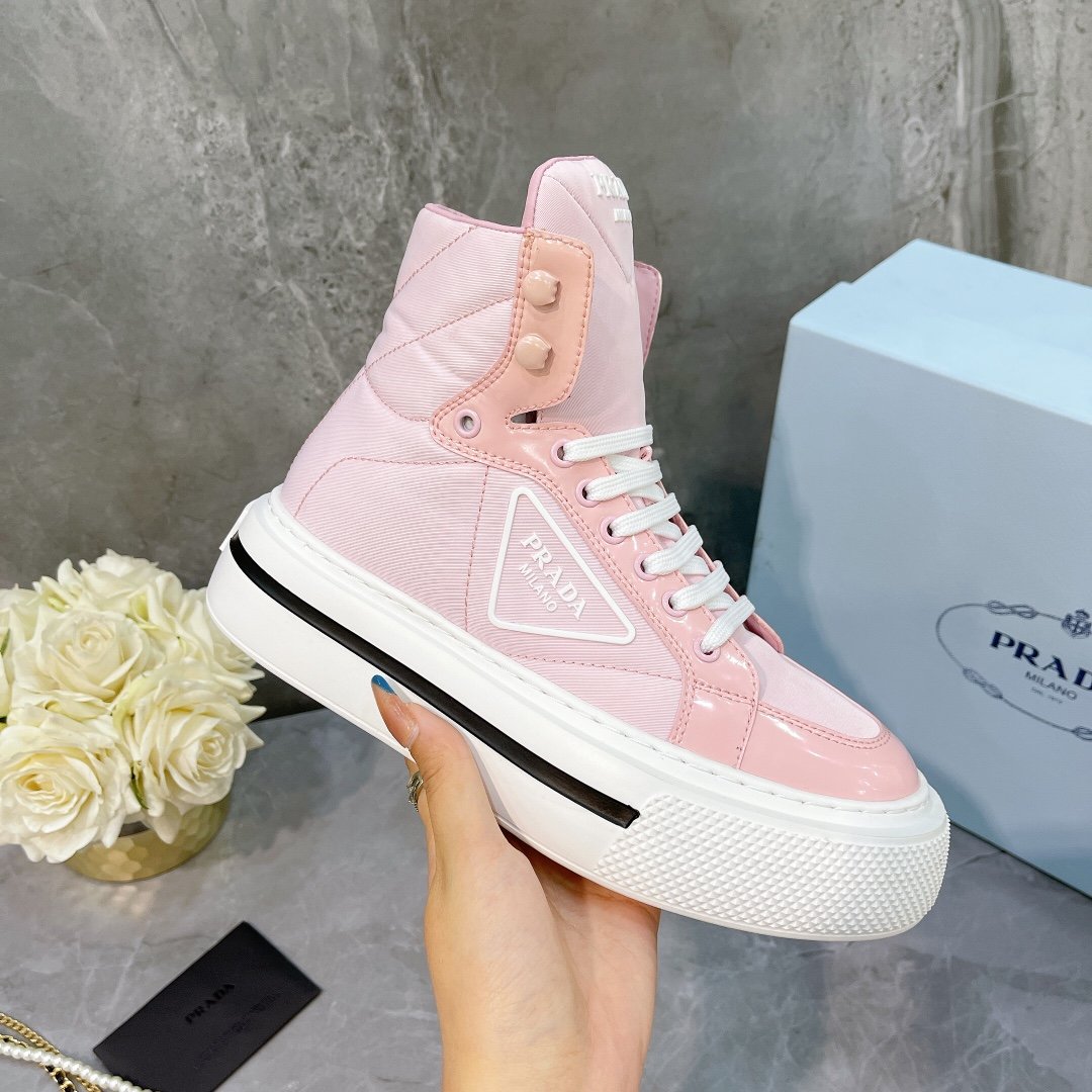 Prada Macro Re-Nylon And Brushed High-Top Sneakers Pink For Women 1.8in/45mm PRD - Image 2