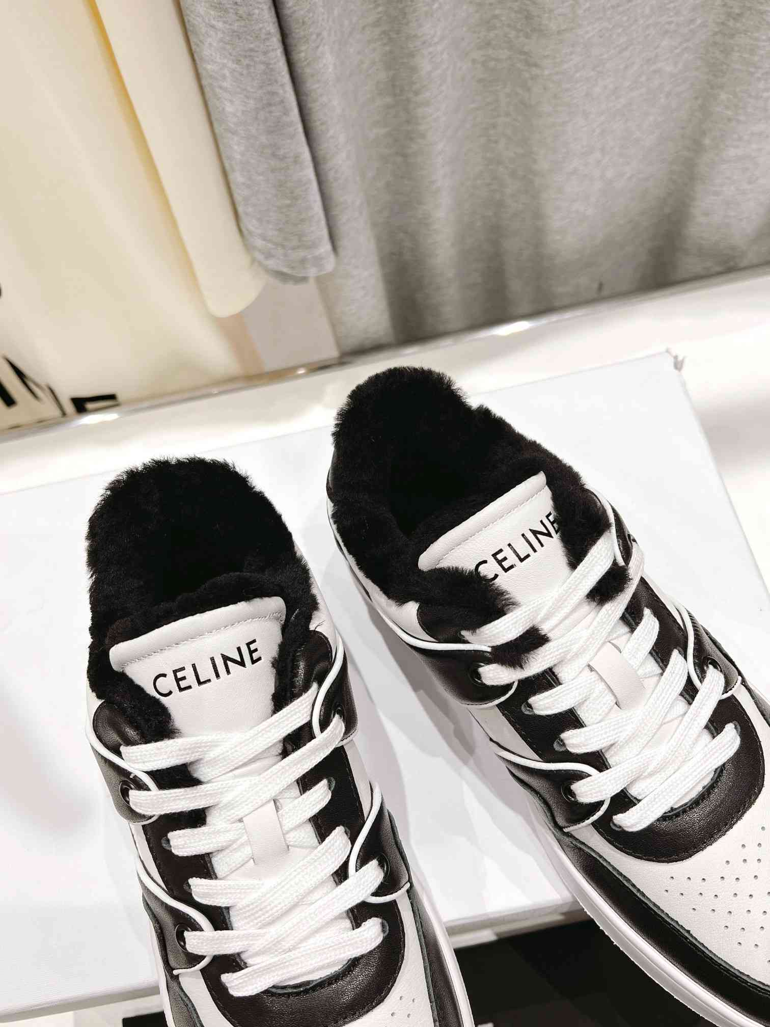 Celine Trainer Low Lace-Up Sneaker With Fur Black For Women - Image 3