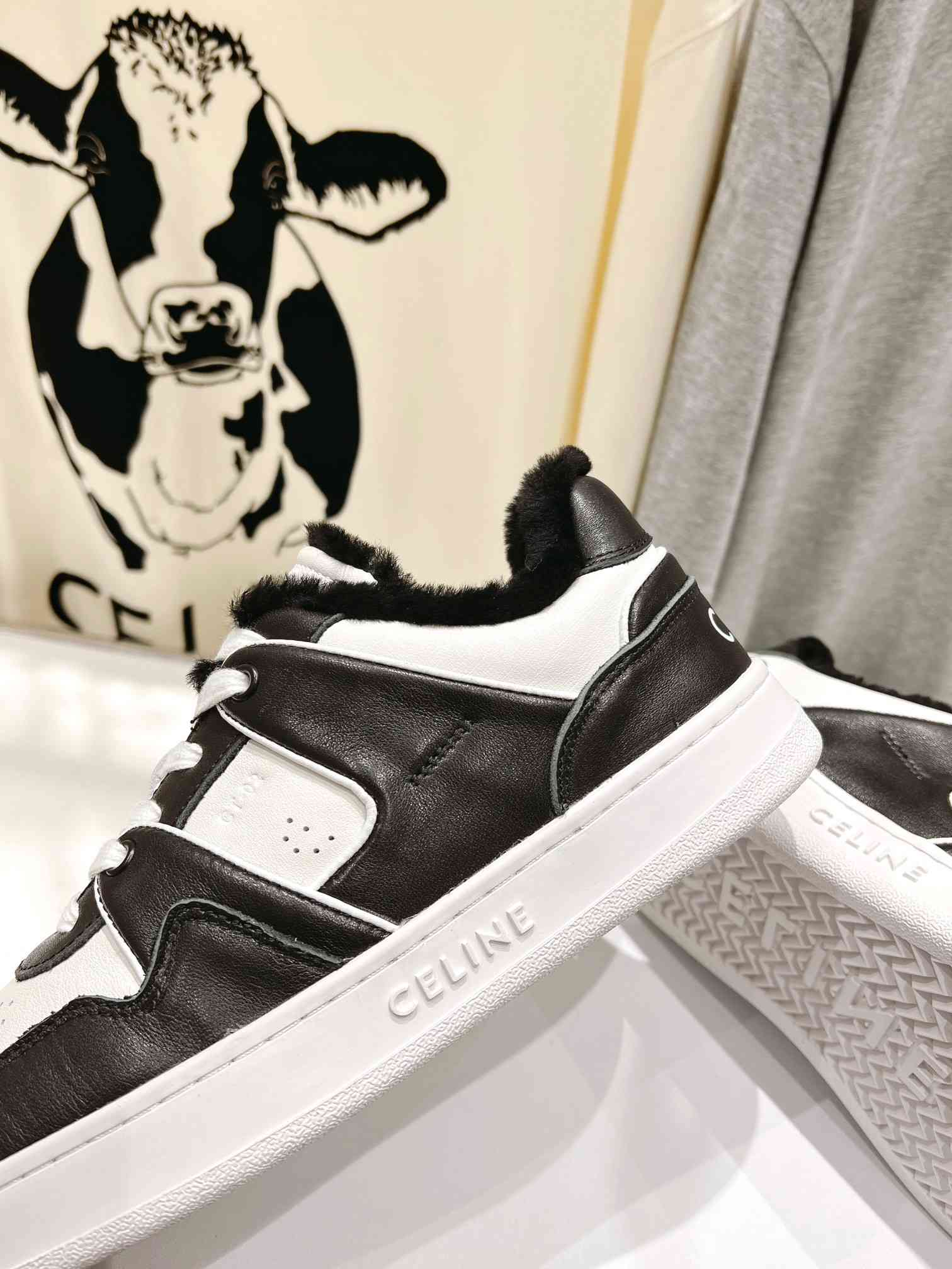 Celine Trainer Low Lace-Up Sneaker With Fur Black For Women - Image 4