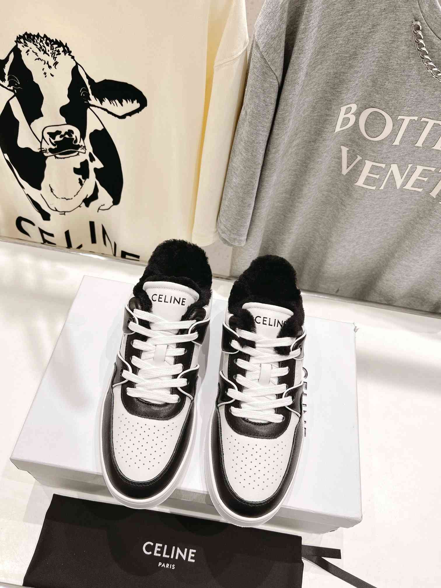 Celine Trainer Low Lace-Up Sneaker With Fur Black For Women - Image 6