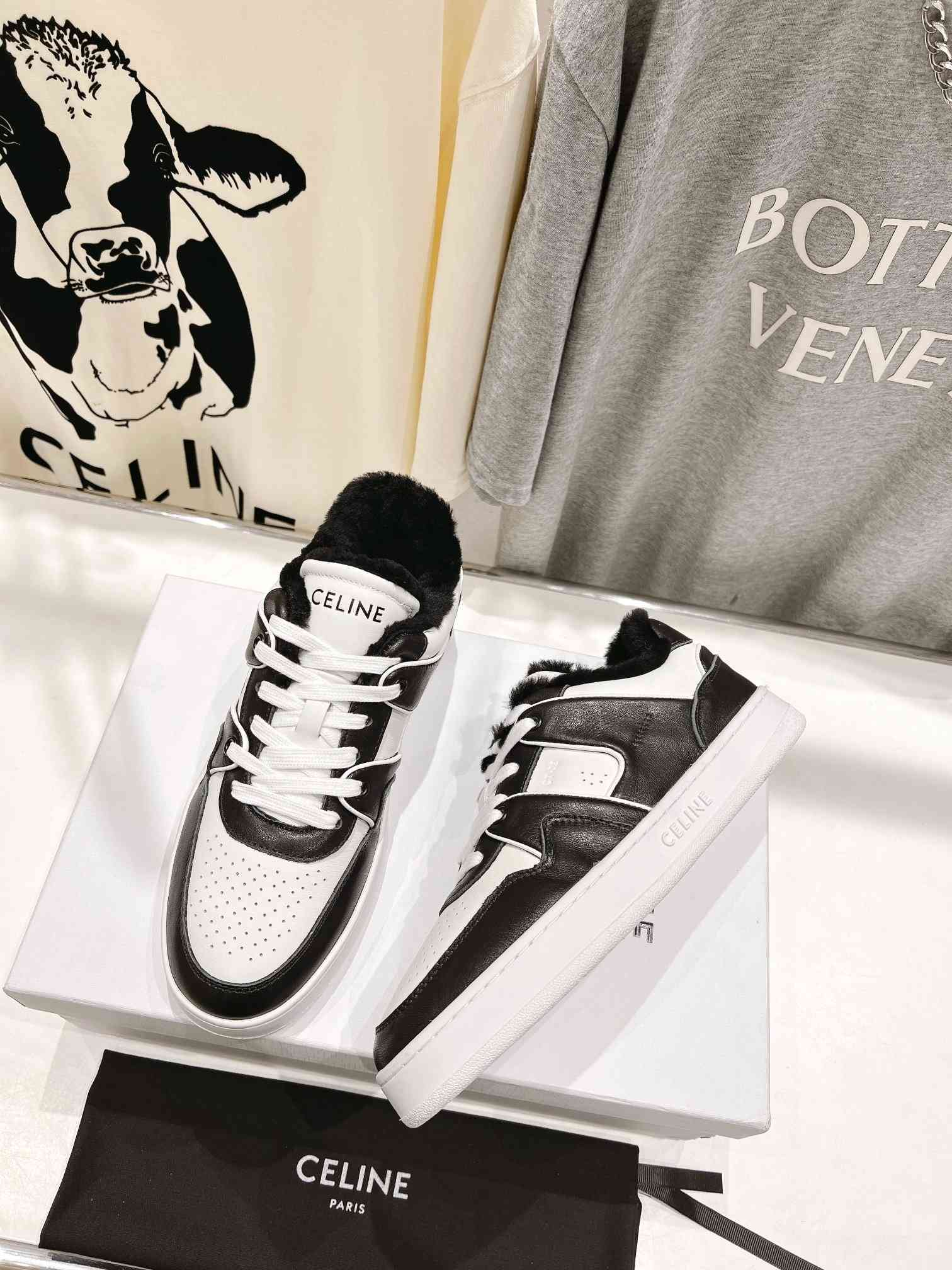 Celine Trainer Low Lace-Up Sneaker With Fur Black For Women - Image 7