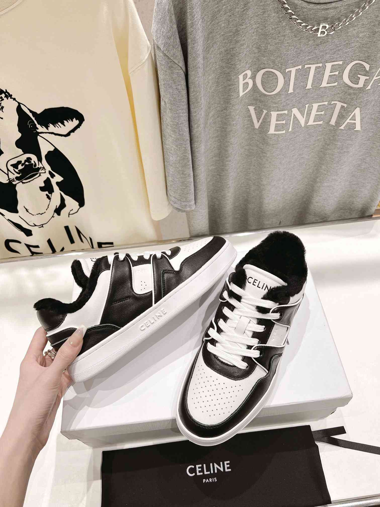 Celine Trainer Low Lace-Up Sneaker With Fur Black For Women - Image 8