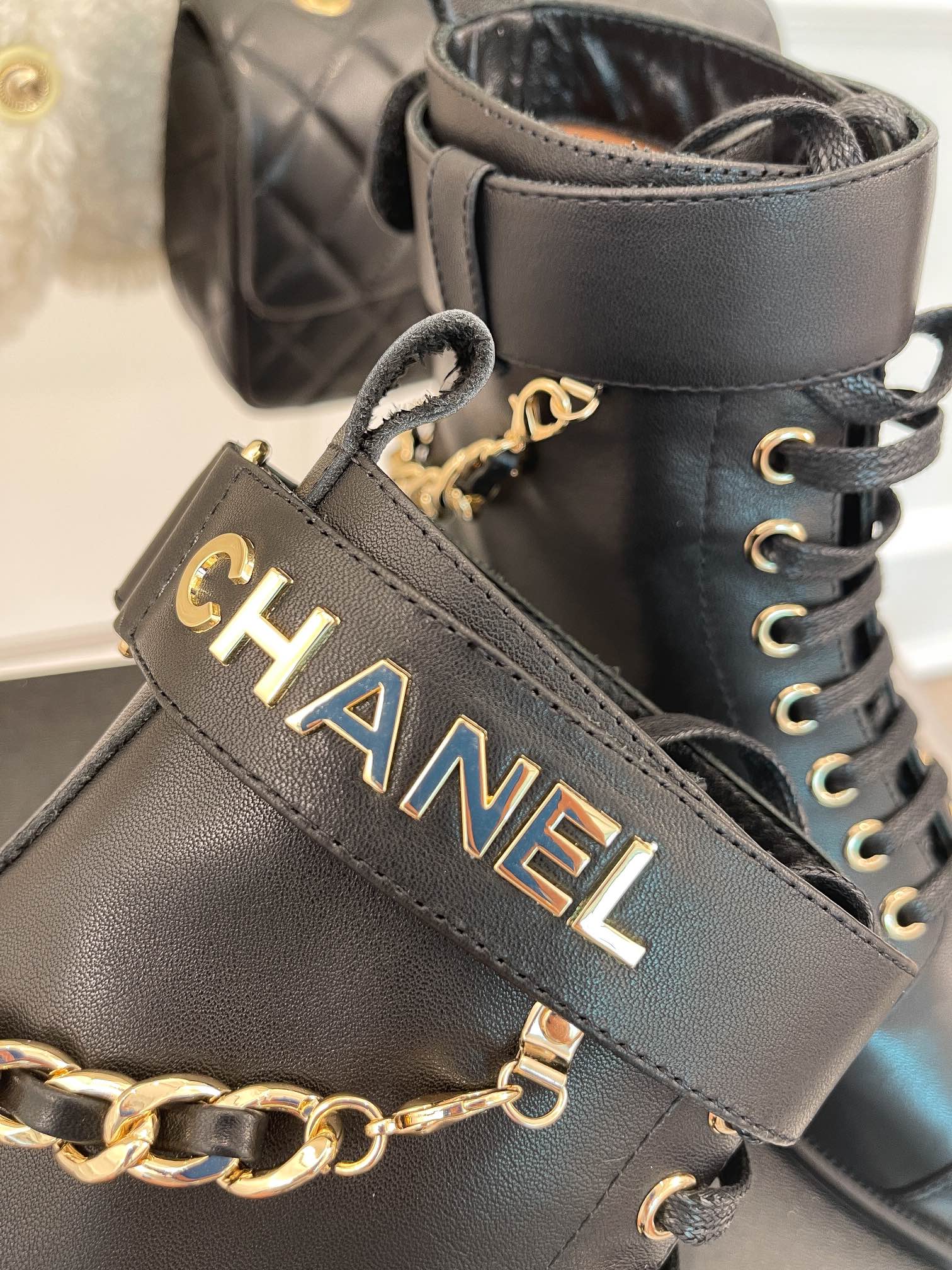 Chanel Women’s Lace-Up With Chain Black For Women 1.5in/4cm - Image 9