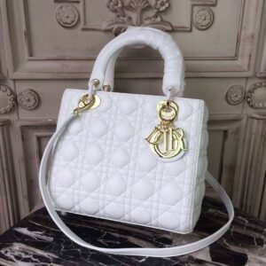 TRUE TO ORIGINAL | Christian Dior Medium Lady Dior Bag Gold Toned Hardware White For Women 24cm/9in CD