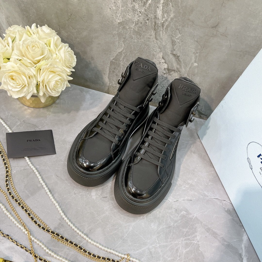 Prada Macro Re-Nylon And Brushed High-Top Sneakers Black For Women 1.8in/45mm PRD 1T642M_3LF5_F0632_F_B045