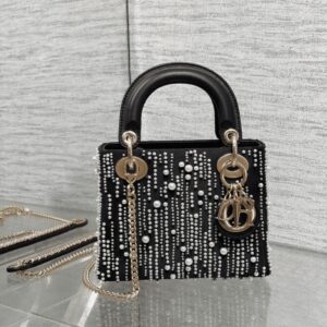 TTO – Lady Dior Bag – Black Satin Embroidered with White Resin Pearls