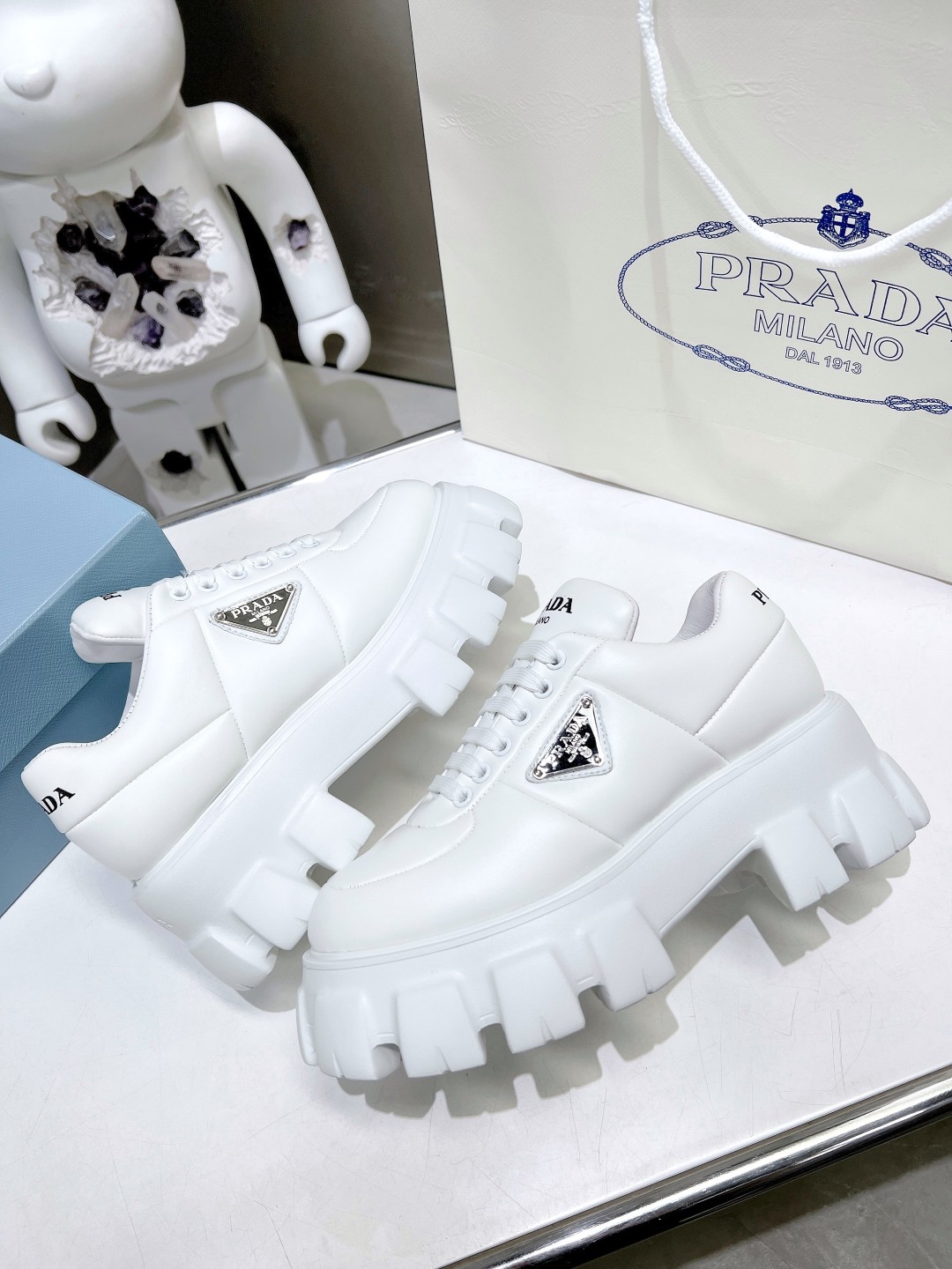 Prada Soft Padded Nappa Lace-Up Shoes White For Women 2.1 in/ 5.5 cm 1E119N_2DL8_F0009_F_055 - Image 7