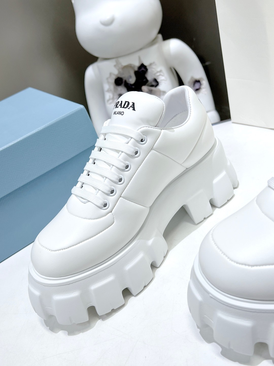 Prada Soft Padded Nappa Lace-Up Shoes White For Women 2.1 in/ 5.5 cm 1E119N_2DL8_F0009_F_055 - Image 8