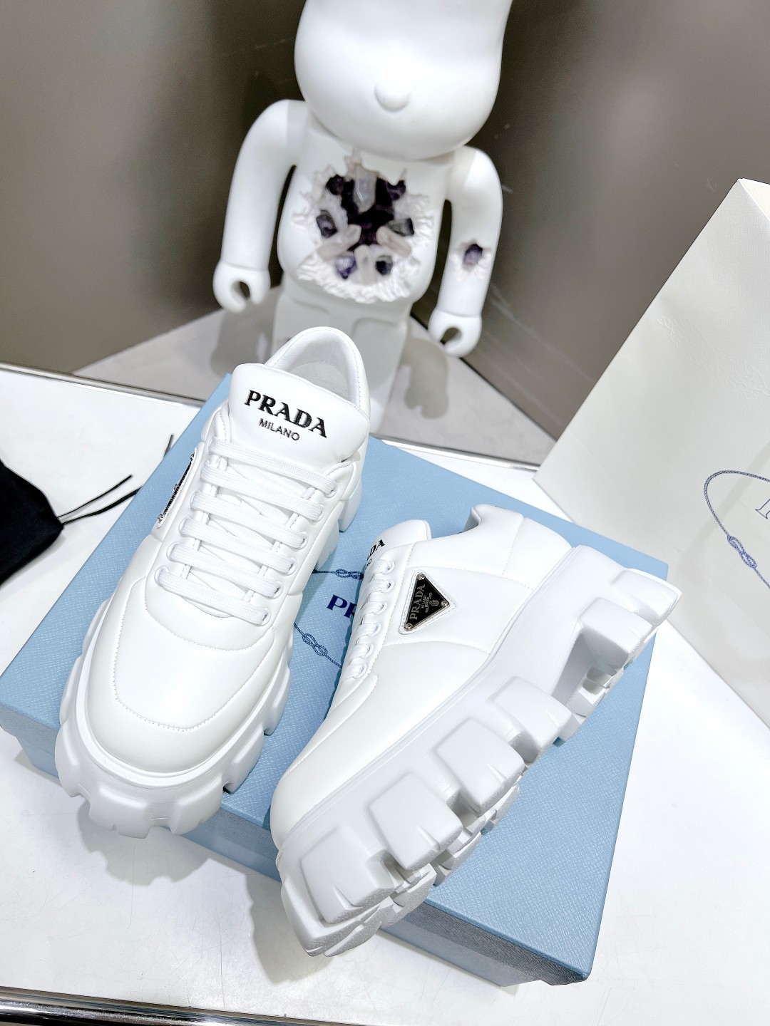 Prada Soft Padded Nappa Lace-Up Shoes White For Women 2.1 in/ 5.5 cm 1E119N_2DL8_F0009_F_055 - Image 9