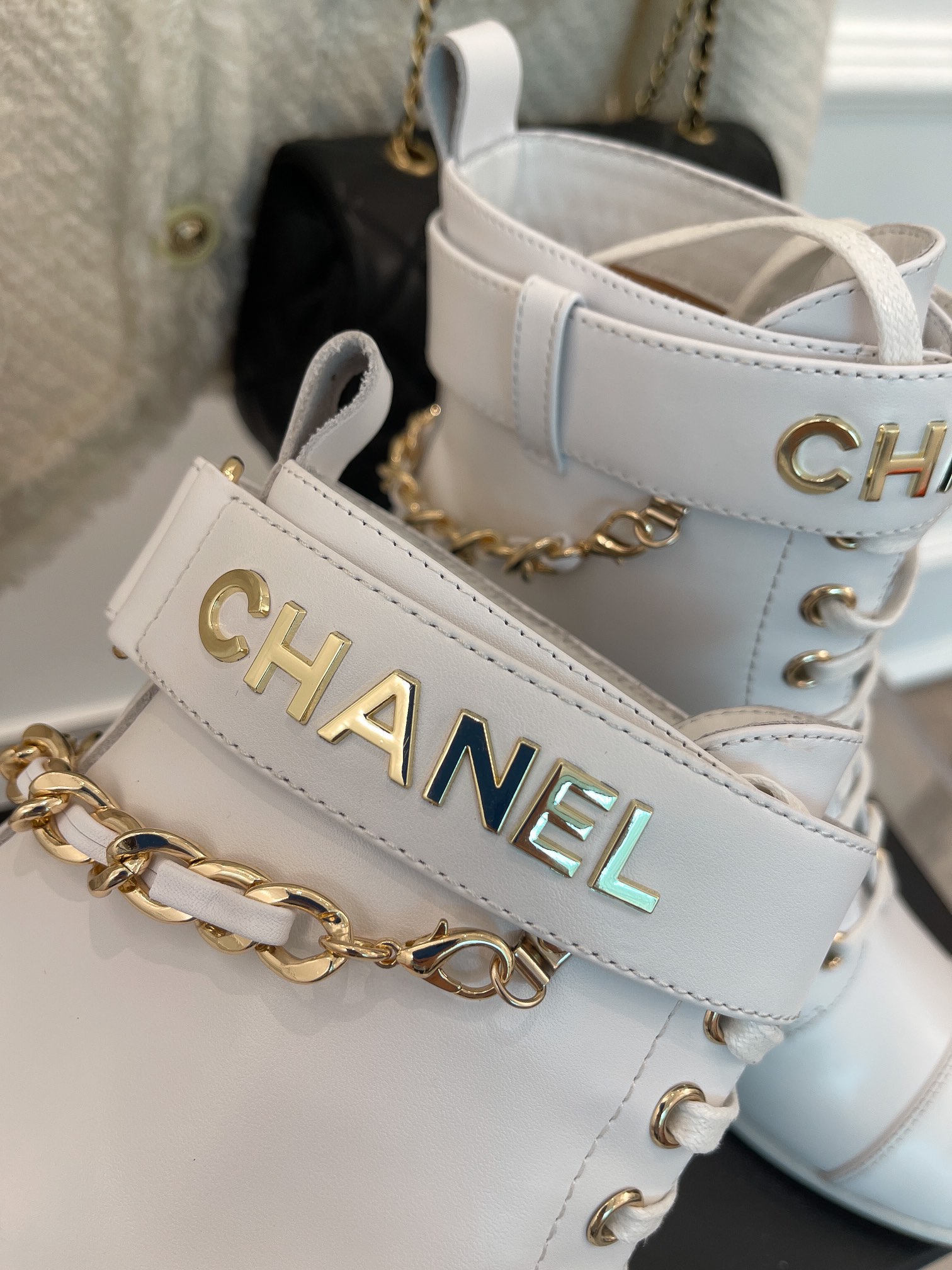 Chanel Women’s Lace-Up With Chain White For Women 3.7in/9.5cm - Image 9