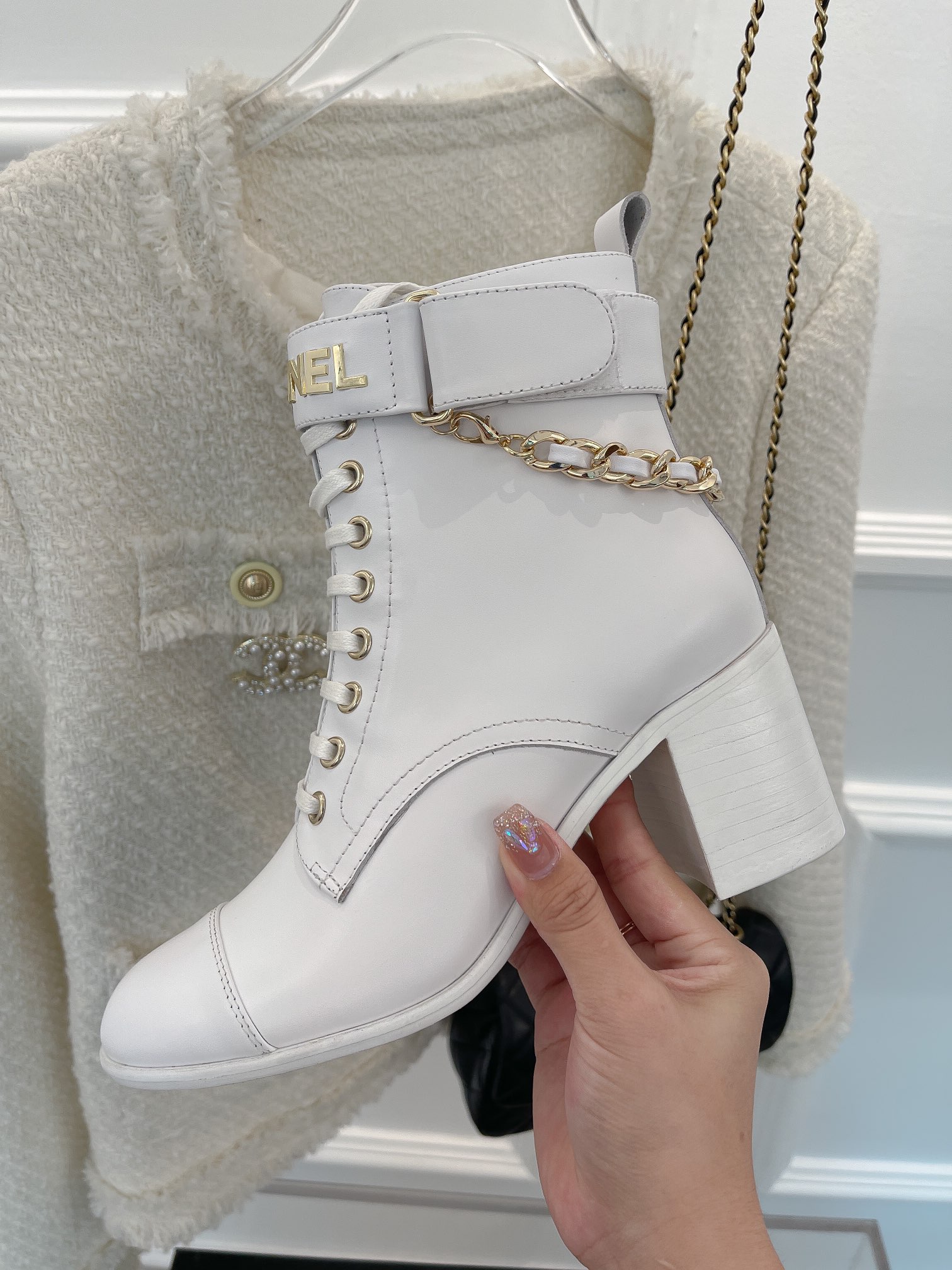 Chanel Women’s Lace-Up With Chain White For Women 3.7in/9.5cm - Image 8