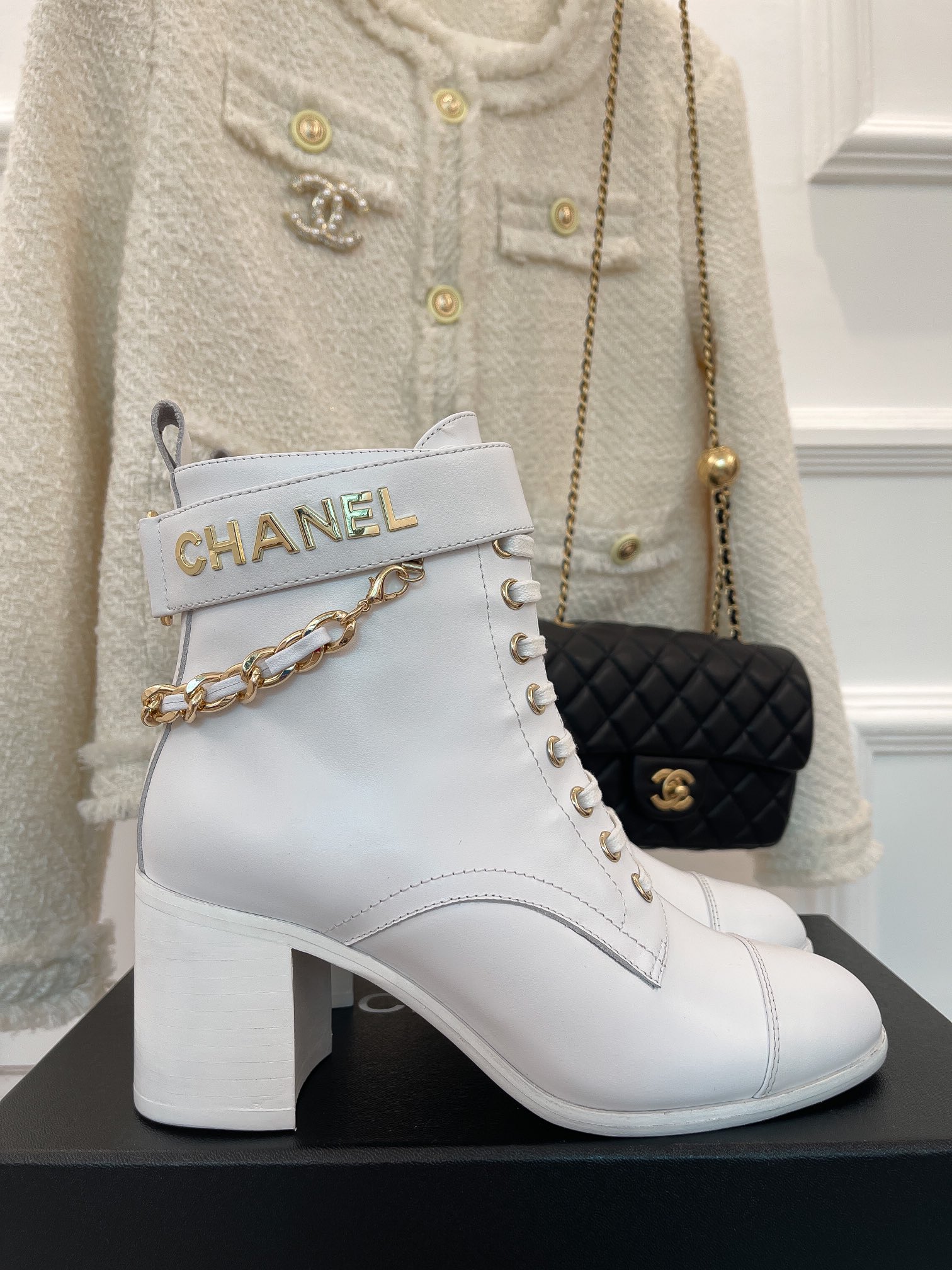 Chanel Women’s Lace-Up With Chain White For Women 3.7in/9.5cm - Image 3