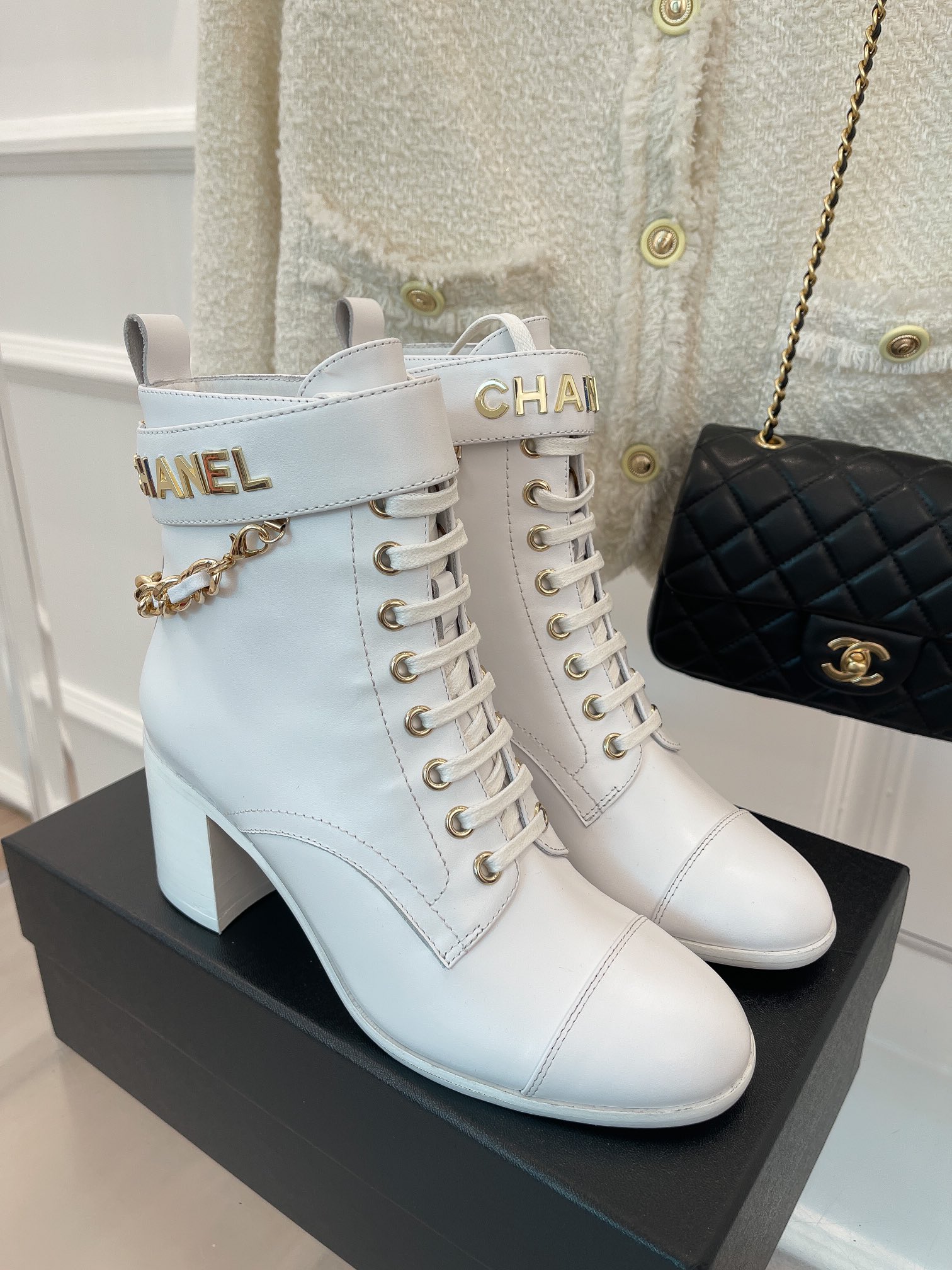 Chanel Women’s Lace-Up With Chain White For Women 3.7in/9.5cm - Image 5