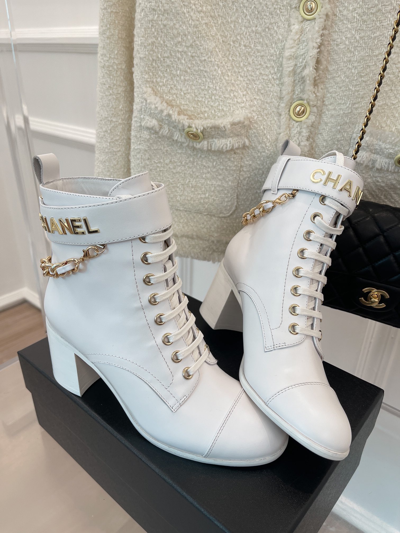 Chanel Women’s Lace-Up With Chain White For Women 3.7in/9.5cm - Image 6