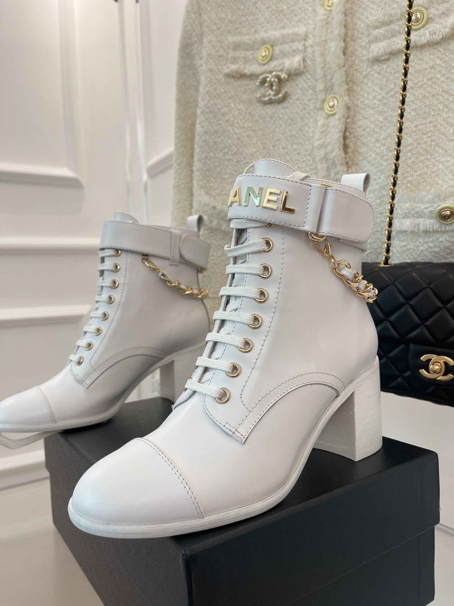 Chanel Women’s Lace-Up With Chain White For Women 3.7in/9.5cm - Image 7