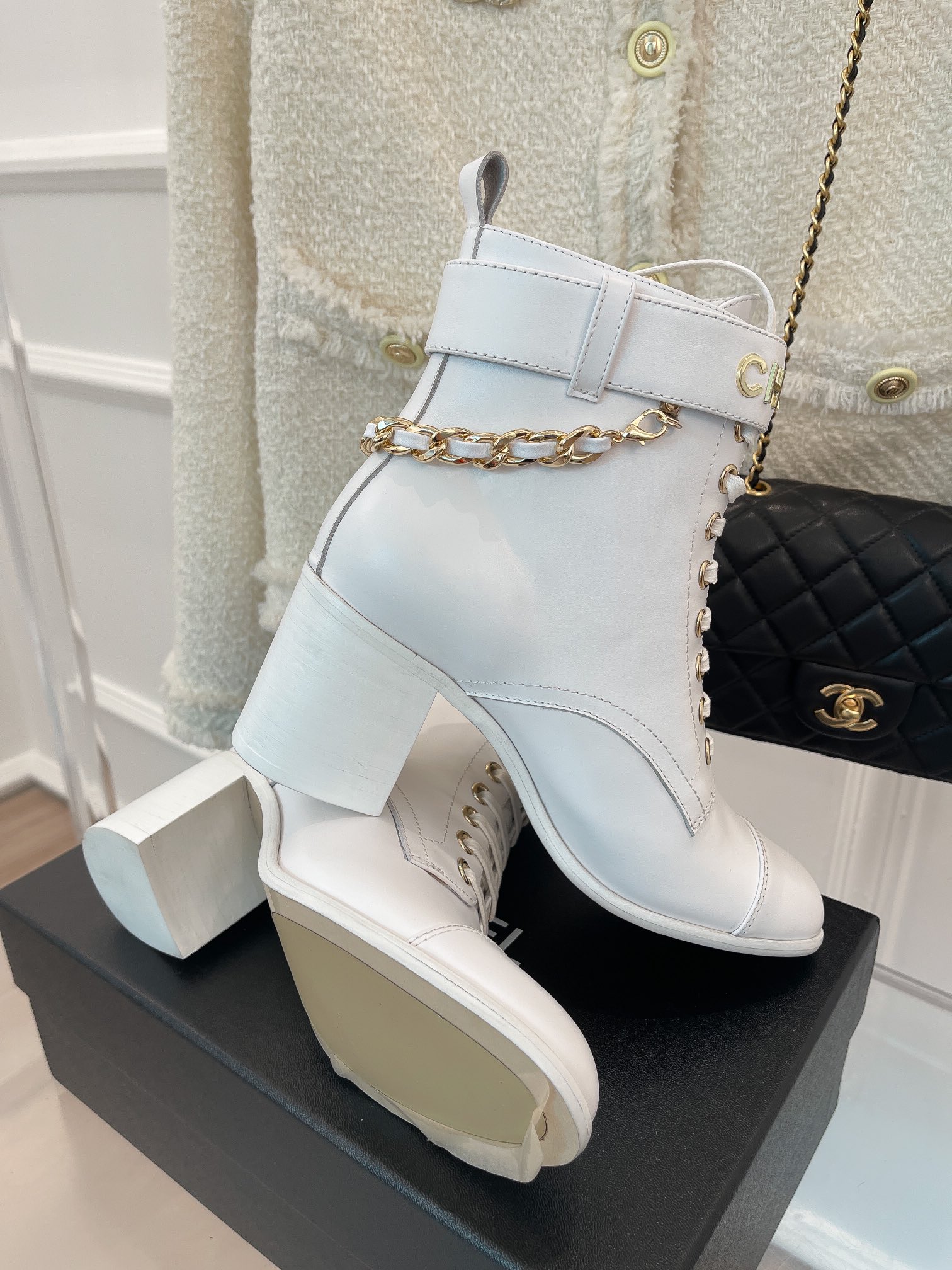 Chanel Women’s Lace-Up With Chain White For Women 3.7in/9.5cm - Image 4