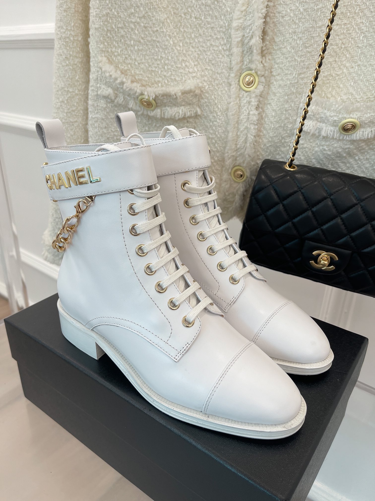 Chanel Women’s Lace-Up With Chain White For Women 1.5in/4cm - Image 2